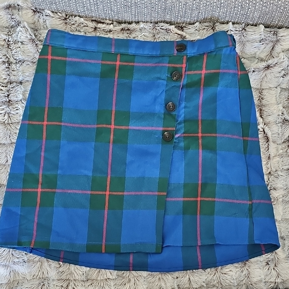 So Blue and Green Plaid Button Mini Skirt Size 11 NWT